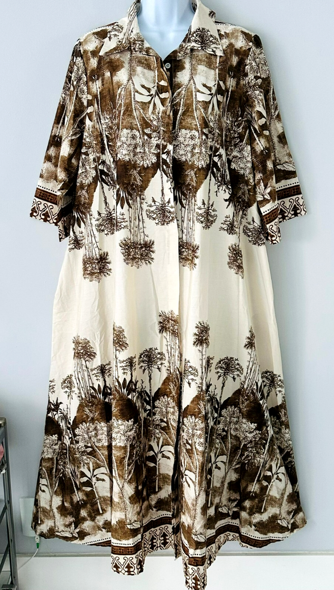 civico 51 linen dress New CIVICO 51 Made in Italy Maxi Women Dress Brown Beige Front Button  Sleeves L