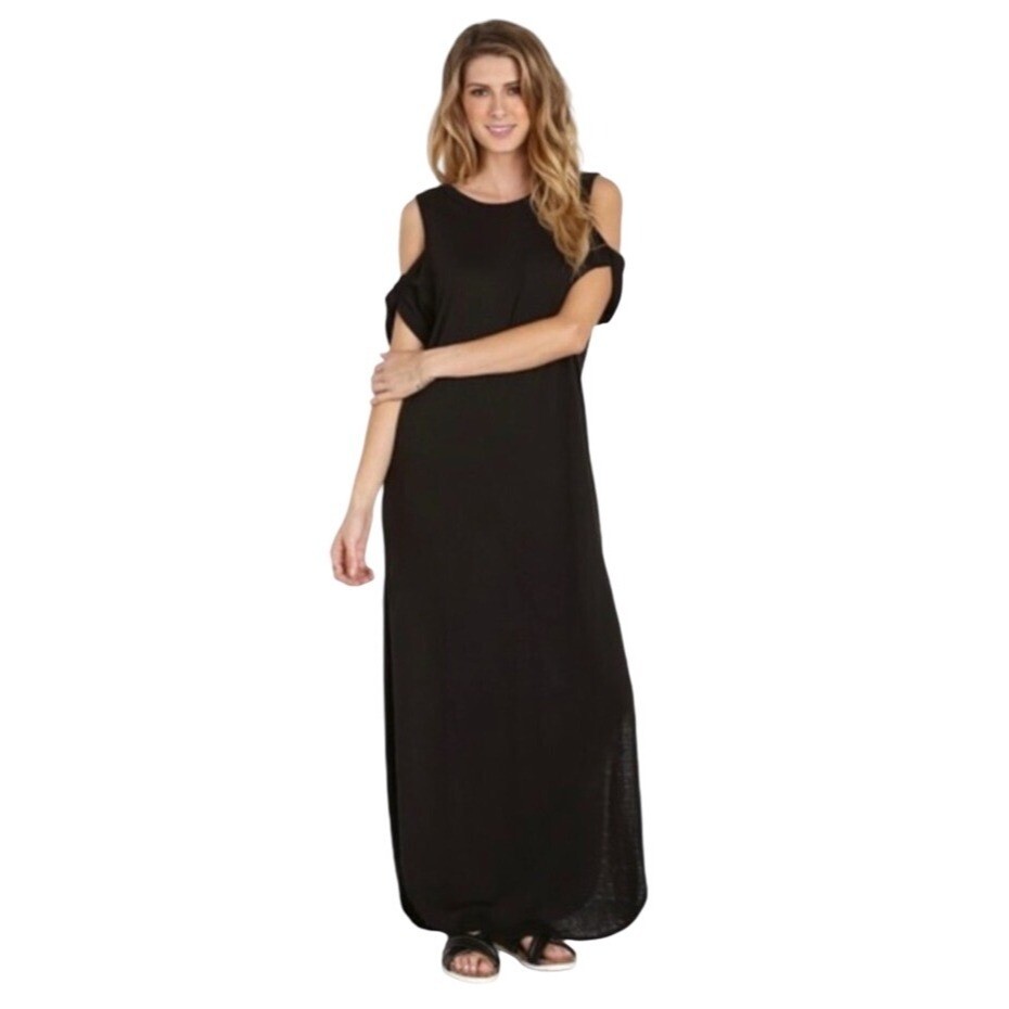 Free People Black Cold Shoulder Side Slits Relaxed Boho Maxi Dress | eBay