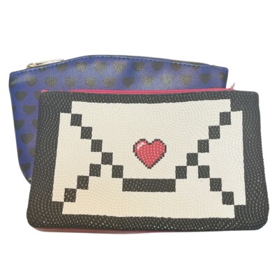 Lot of 2 Ipsy Glam Bag Heart Envelope Violet Blue Glossy Pebbled Valentines Day