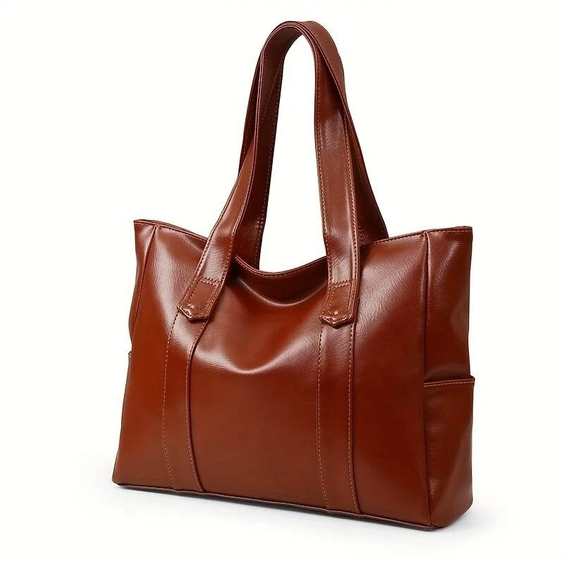 Women's Large Brown PU Leather Minimalist Classic Shoulder Tote Bag Handbag Work - Image 3 of 4