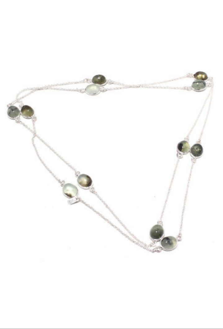 Genuine Prehnite Gemstone 925 Silver 36 Inch Sweater Necklace 16 Grams
