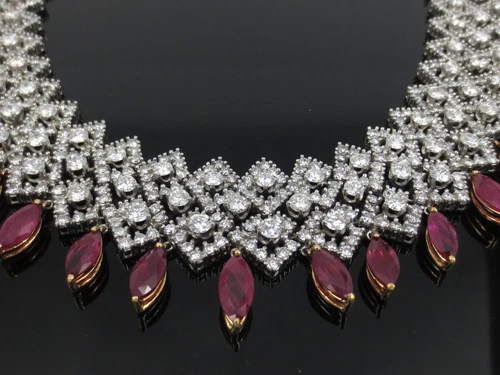 Estate 41.0ct Ruby 27.0ct Diamond Platinum & 18K Yellow Gold Fringe Necklace - Picture 2 of 8