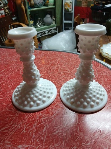 Fenton White Milk Glass Hobnail 6" Candlesticks Pair Vtg Candleholders Set Of 2
