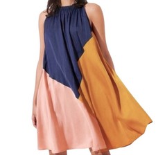 Loft Colorblock Halter Swing Dress Navy Blue Pink Gold Petite Small SP