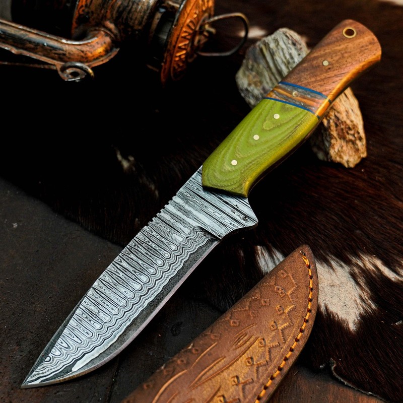 9.4 inch Handmade Damascus Hunting Knife Full Tang Hybrid Handle Leather Sheath