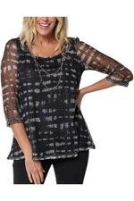 Nina Leonard Women's Mesh Top Detachable Necklace Deep Black/Olive