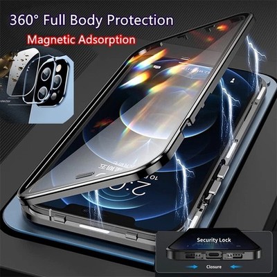 For iPhone 17 16 15 14 3 12 11 Pro Max Case Magnetic Metal Tempered Glass Cover