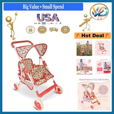 Double Doll Stroller for Twins & Toddlers Floral Play Toy 25 Inches