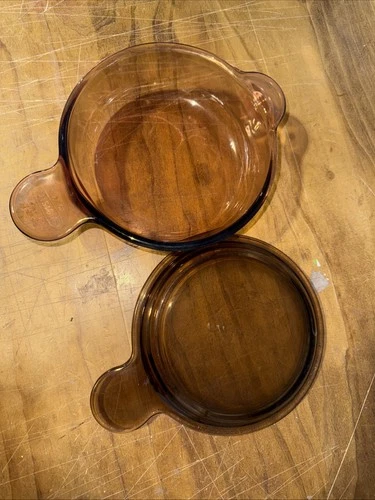 Vision Corning Amber Glass Grab Bowl V-240-B Pyrex Lid P-240-C Vintage