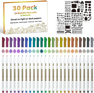 30 Pack Metallic Marker Pens, 24 Colors Fine Tip Paint Pens with 6 Stencils for 