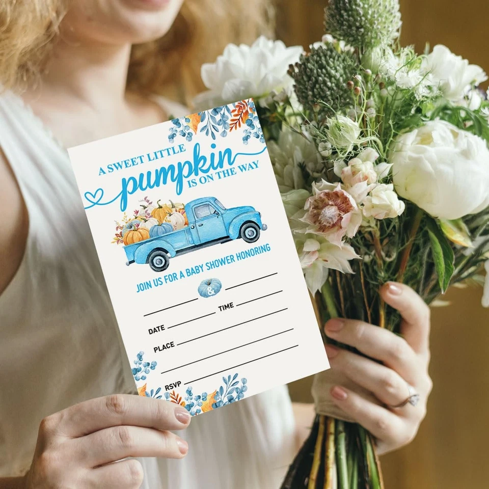 Invitaciones de fiesta de baby shower de calabaza de otoño para niños invitaciones de fiesta de camión azul... Foto 4 de 4