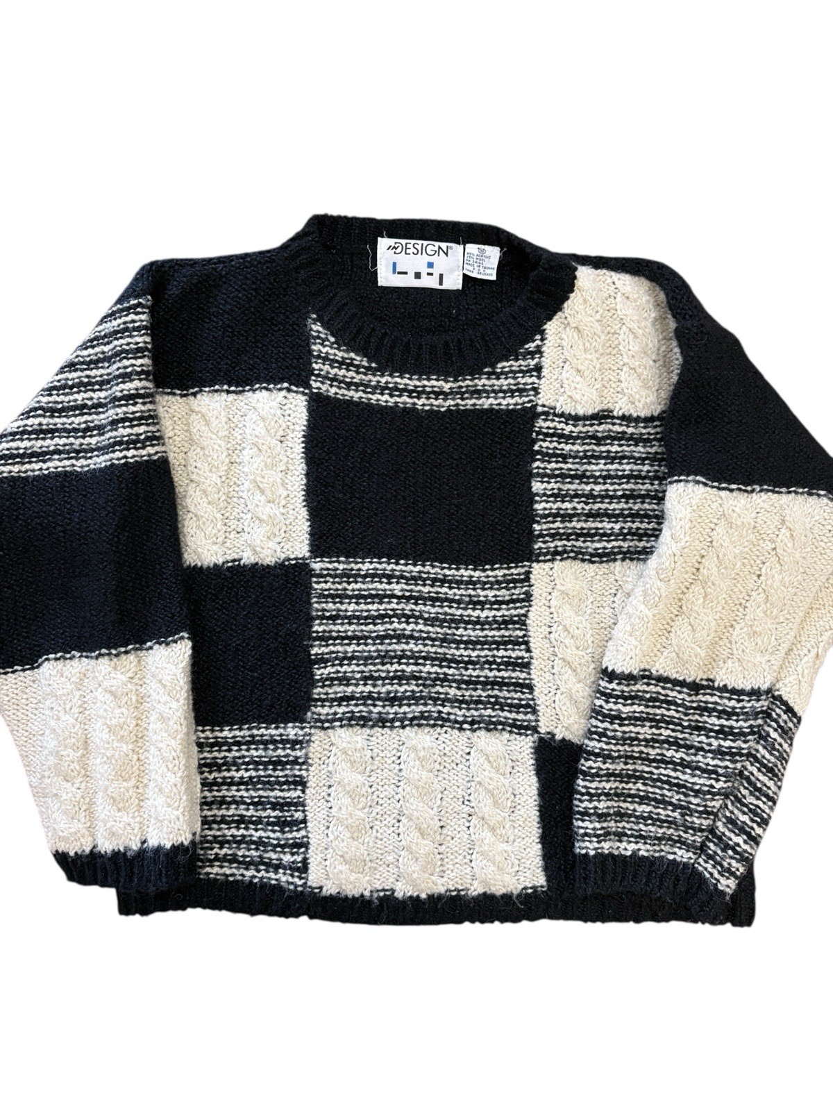 Vtg 80s Patchwork Cable Knit Sweater Pullover Bla… - image 1