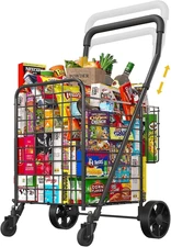 Shopping Cart for Groceries, Height Adjustable Folding Utility Cart with Double