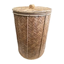 Vintage Asian Bamboo Rattan Storage Basket with Lid Hamper