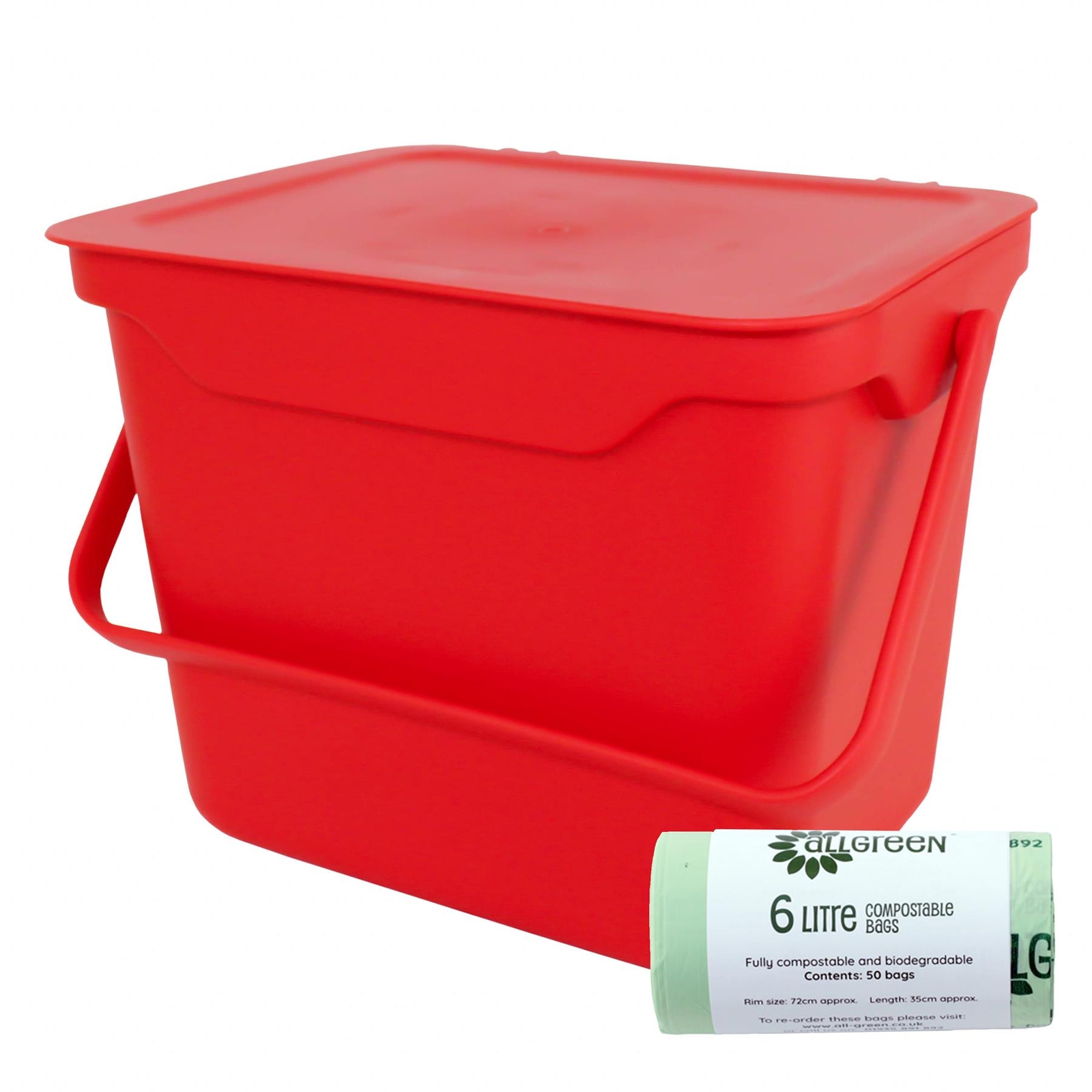 5L Red Kitchen Compost Caddy/Food Bin & 50x 6L Compostable Bags