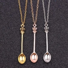 Tiny Tea Spoon Shape Charm Silver Pendant Necklace With Crown - Unique Gift