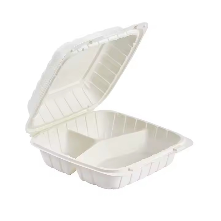 Sunnycare Clamshell MFPP Hinged Container Disposable 8X8, 3 COMPT, White, 150ct