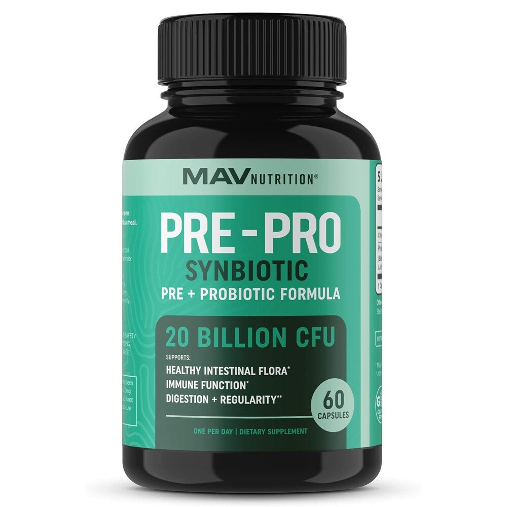 MAV Nutrition PRE-PRO Synbiotic 20 mil millones de UFC 60 cápsulas CADUCIDAD 5/26