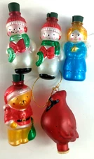 Lot of 5 Plastic Blown Vintage Christmas Ornaments, Snow men, Teddy Bear, Bird