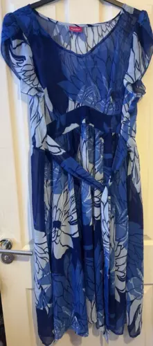 TOGETHER Blue Floral Chiffon V-Neck Beach Cover up Dress Size 22 Reg Tie Belt