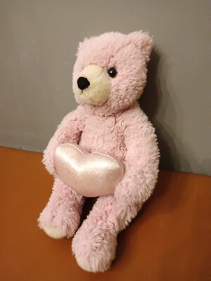 VTG UNBRANDED PINK TEDDY BEAR SPARKLING HEART SOFT FLOPPY