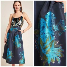 Anthropologie Maeve Ronette Jacquard Midi Skirt A-line Blue Floral Sz 2 Textured