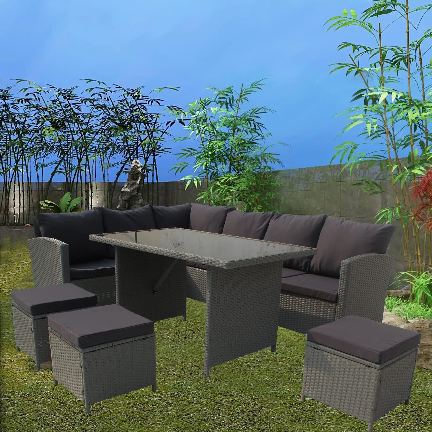 SFS019 Rattan Garden Furniture 9 Seater Corner Sofa Dining Table