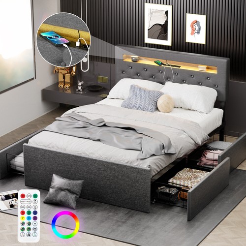 Polsterbett Doppelbett 140x200cm Lattenrost Bettgestell LED Stauraum-Kopfteil NE