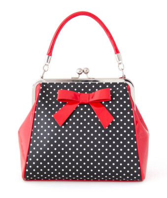 Banned Retro Handtasche Polka Dot Star Schwarz Lack Schleife Henkeltasche 50s