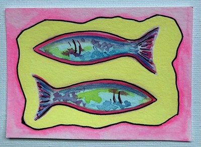 ACEO Original Neon Watercolor Bright Fish ATC Mini Art By Liz Benavides