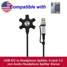 USB A/C to Headphone Splitter, 5-Jack 3.5 mm Audio Headphone Splitter Stereo