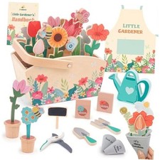 Wooden Pretend Play Toy Gardening Box-30 Pieces Wood Flower  Garden Tool Sets