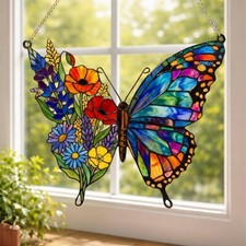 Wildflower Butterfly Glass Suncatcher   Floral Window Hanging Gift for Mom