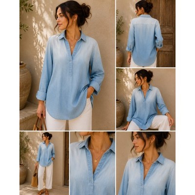 Pure Jill Indigo Tunic S Chambray Shirt Blue Cotton Long Sleeve Capsule Wardrobe