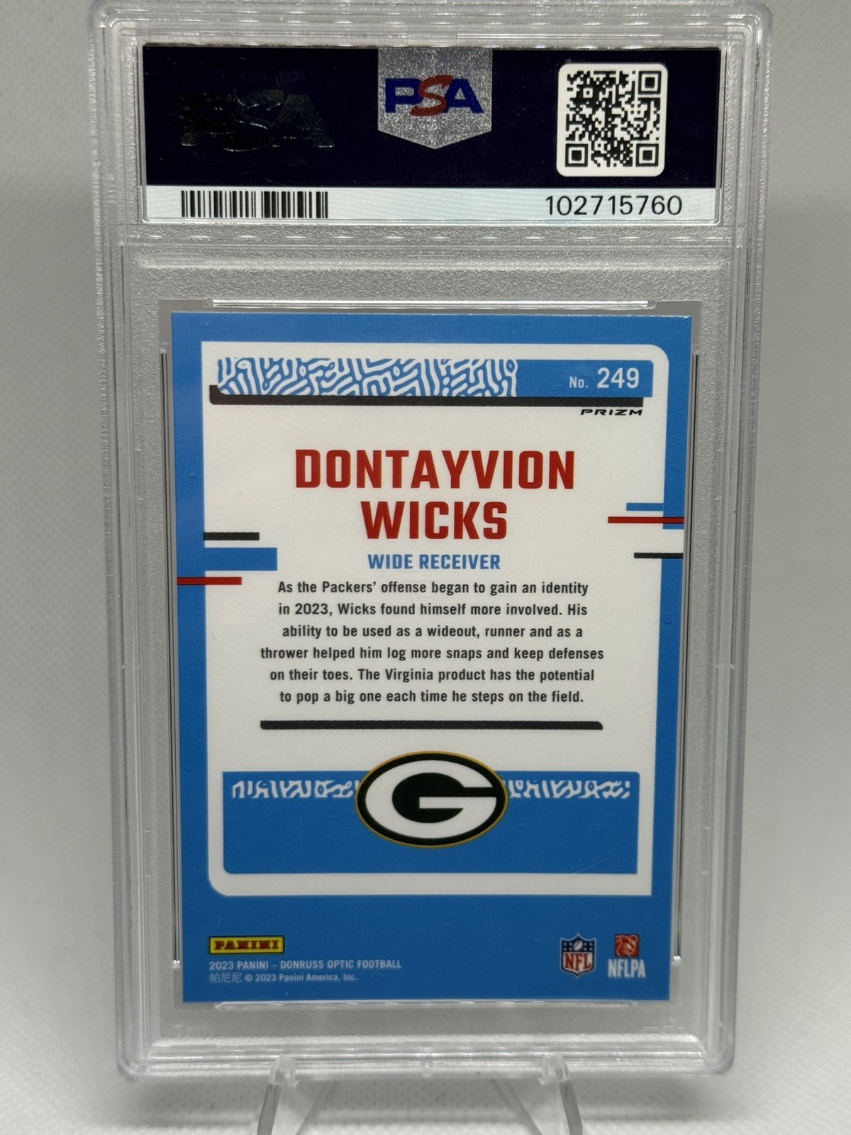 2023 Donruss Optic Dontayvion Wicks PSA 10 Gem Mint Pink Holo SP #249 Rookie RC view 2