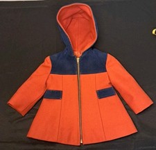 Vtg Wool Rothschild Pea Coat Jacket Red W/Navy Blue Hooded Girl's USA