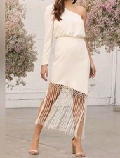 NWT Lulus Love At Dusk Cream One-Shoulder Fringe Midi Dress Size L Clubwear