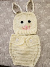 Photo Prop Crochet Bunny Hat and Diaper Cover Set, Beige White Pom-Pom, 2 Piece