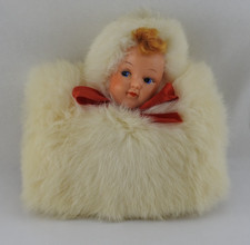 Vintage Baby Doll Powder Puff Plush Fur Hand Muff Vanity Boudoir Decor