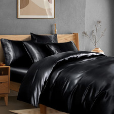 6Pcs Black Satin Duvet Cover Set Queen Size with Satin Fitted Sheet - Not Comfor