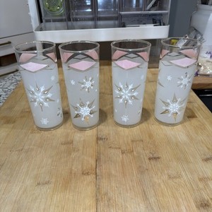 4 VTG Anchor Hocking Pink Diamond Atomic Starburst Snowflake Frosted Glasses *