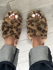 BP Leopard Print Faux Fur Slide Slippers Women s US 7 Open Toe Brown/Black
