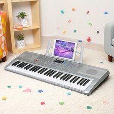 61-Key Piano Beginner Digital Keyboard Set - Silver Z-Stand Bench Mic Headphones