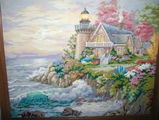 ORIGiNAL ART Paint by Number LightHouse seaside Cottage Floral WOOD FRAMED