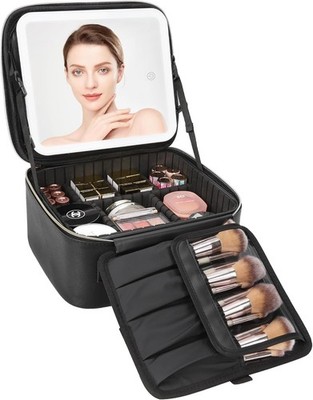 Relavel LED Travel Makeup Bag w/Mirror, Portable Cosmetic Train Case