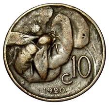 Italy 10 Centesimi coin 1920 km#60 bee