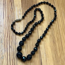 Old Antique Vintage Long Faceted Black graduated Glass Bead French Jet Necklace 