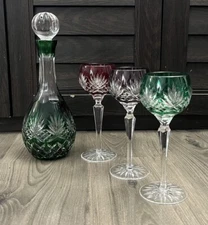 AJKA Carolyne 3 Wine Glasses Red Purple Green Emerald Decanter Bohemian