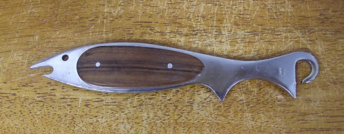 Vintage MCM Stainless Steel Wood Handle Fish Bottle Can Opener Unique Bar - Picture 2 of 2