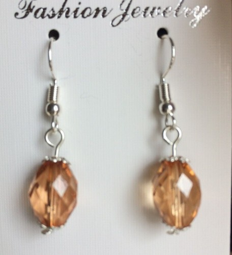 Peach Topaz Coloured Faceted Oval Shaped Dangle / Drop Hook Earrings. - Picture 2 of 2